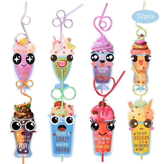 BESTSKY Valentine's Day Crazy Straws,Set of 32,Party Favors for Kids