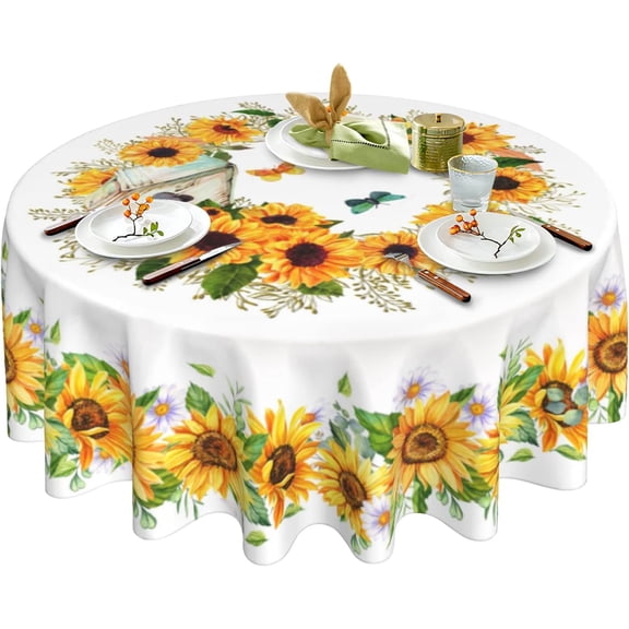 Blooming Sunflower Tablecloth Round 60 Inch- Summer Yellow Floral Table Cloth Washable Reusable Farmhouse Sunflower Table Cover Table Cloth for Home Patio Party Picnic