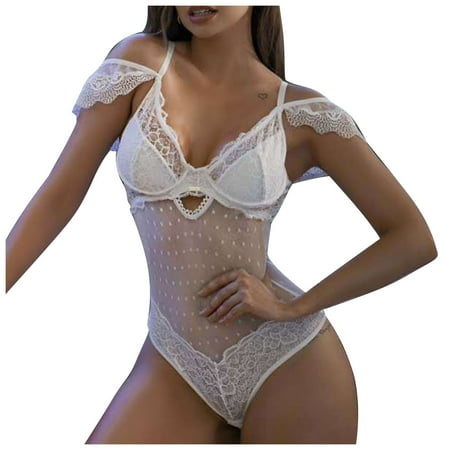 

DENGDENG Women Snap Crotch Bodysuit Sexy One Piece Lace Babydoll Lingerie