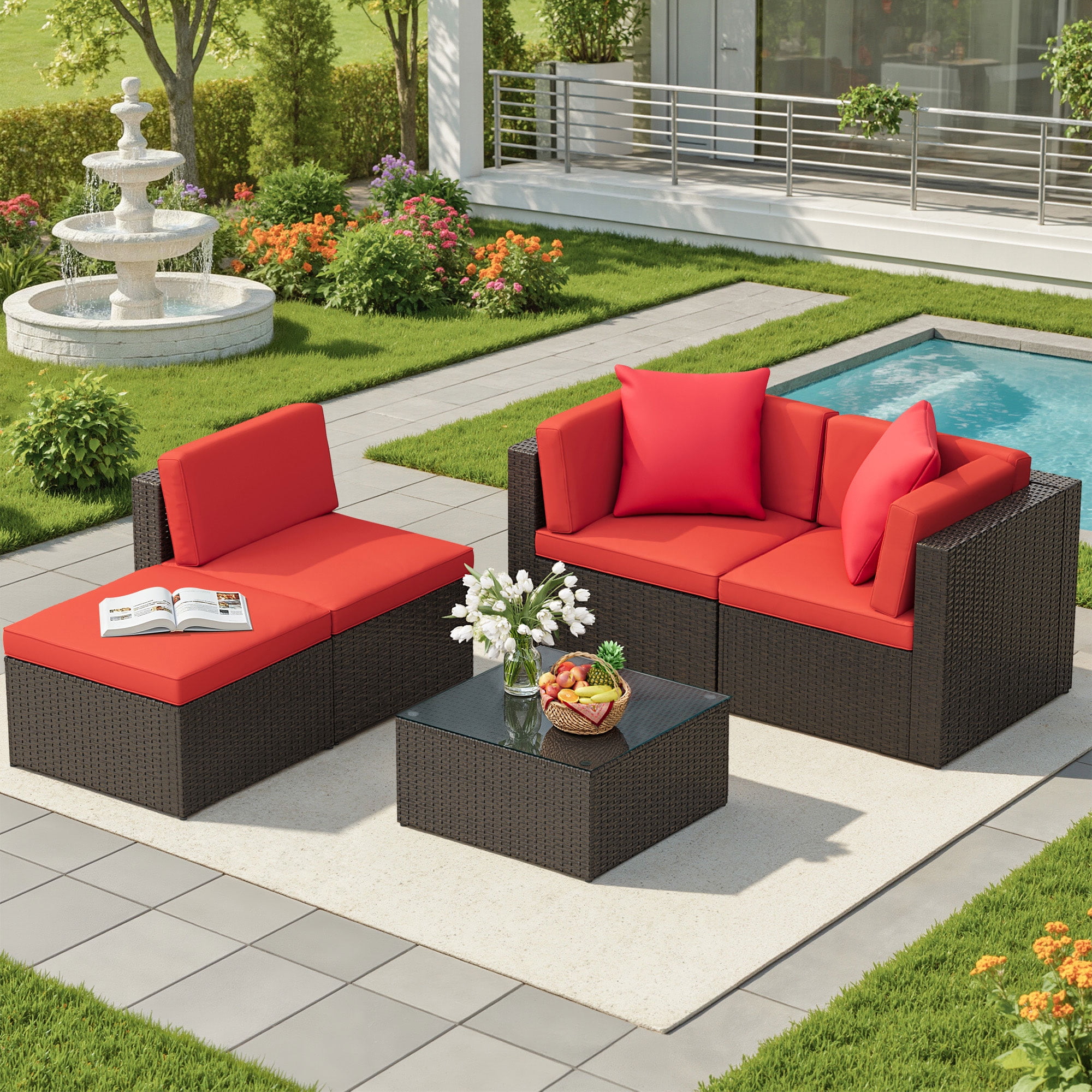 Lacoo 5 PCS Patio Outdoor Furniture Wicker Sectional Sofa With Cushion, Red