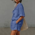 thumbnail image 6 of Costeam Womens Two Piece Outfit Tie Knot V Neck Short Sleeve Top and Elastic Drawstring Waist Shorts Set Linen Blend Matching Set with Pockets, 6 of 9