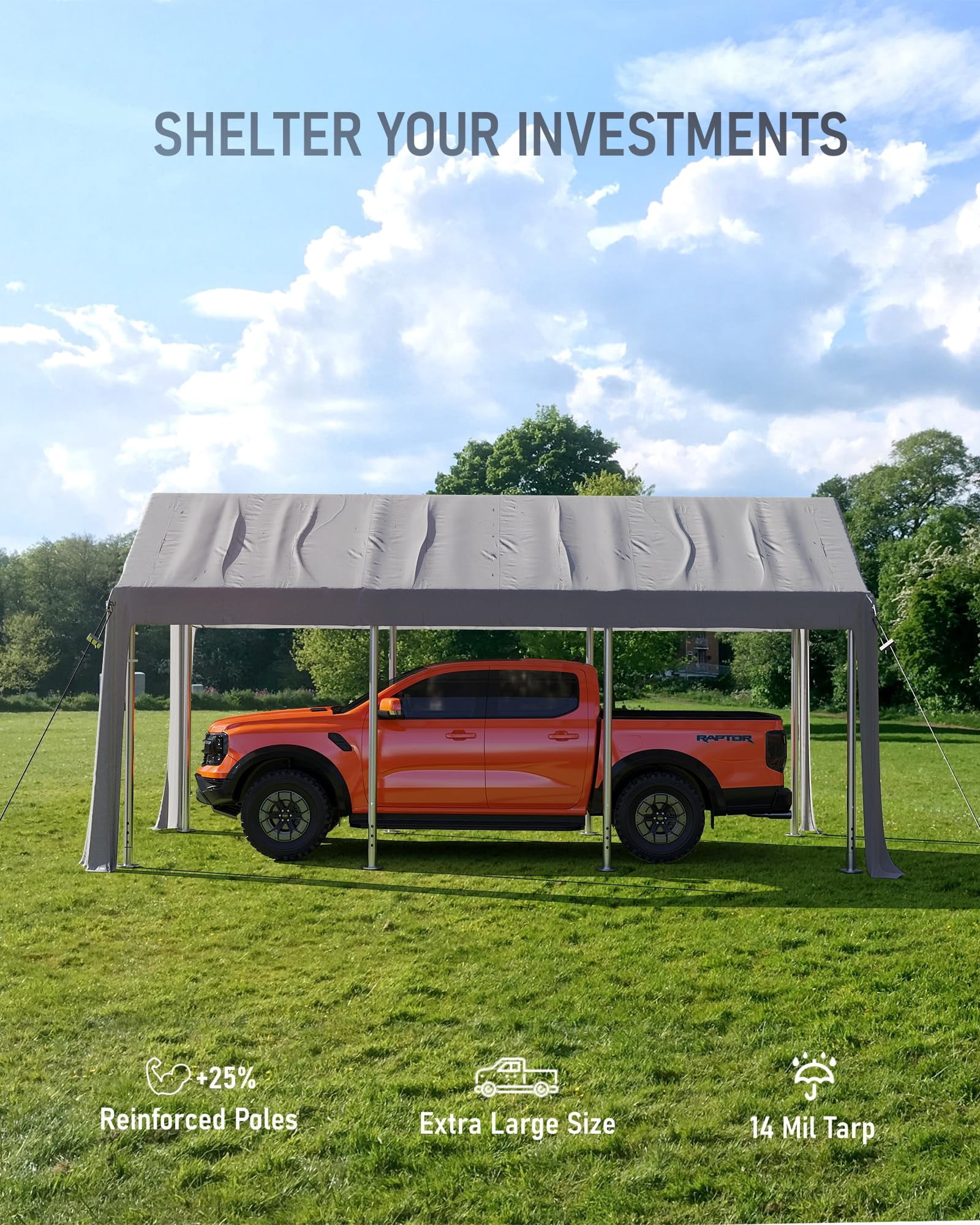 Carport Replacement Canopy Cover, Garage Tent Shelter Tarp, Heavy-Duty Waterproof & UV Protected, Easy Installation (Frame Not Included)