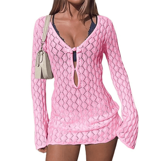 Paréo de Maillot de Bain pour Femme à Manches Longues au Crochet, Robe Courte de Plage Rose P