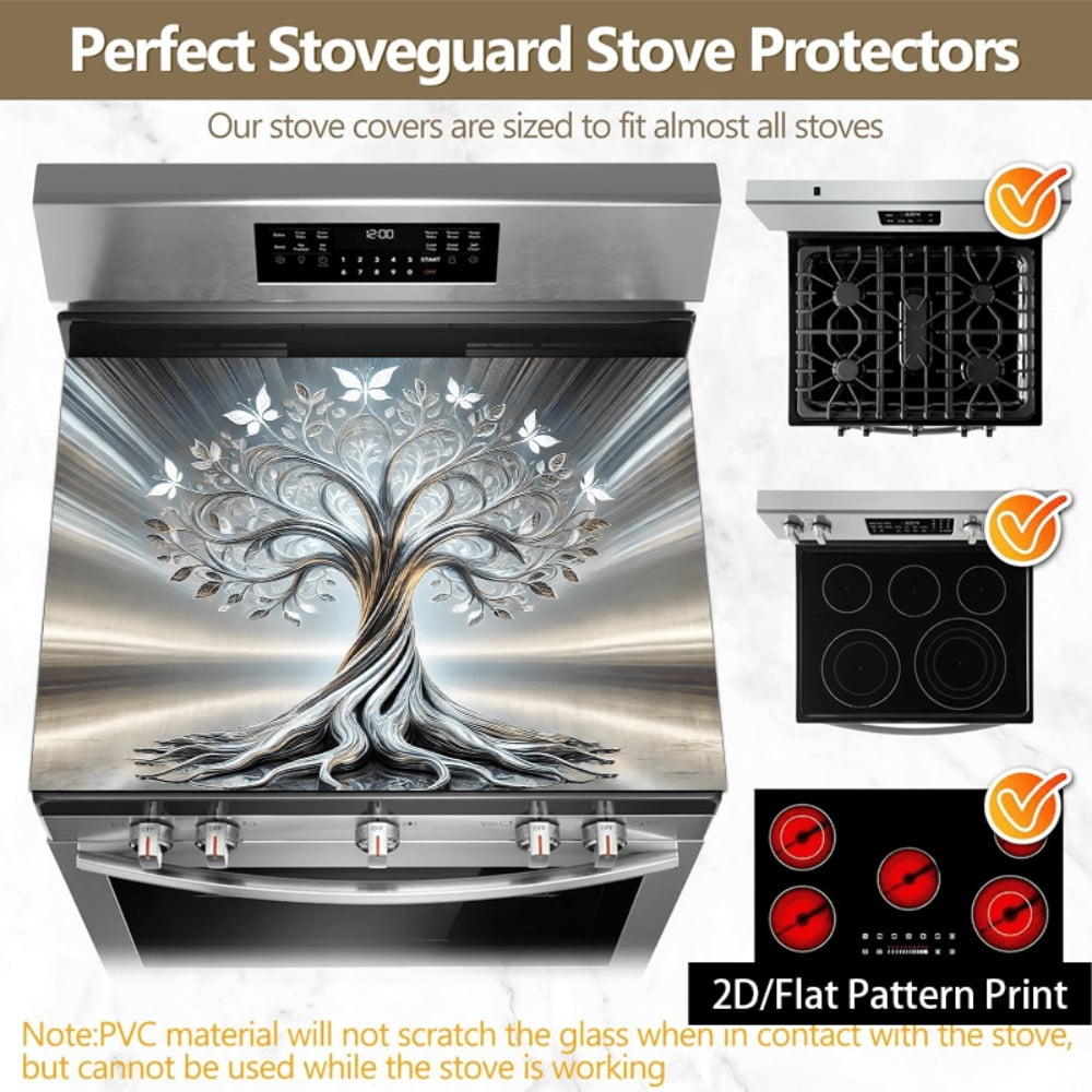 1 piece, stove panel and cooktop panel protection pad, 2D flat butterfly life tree pattern kitchen decorative countertop pad, suitable for stoves, washing machines, dryers, coffee machines, multi-fun