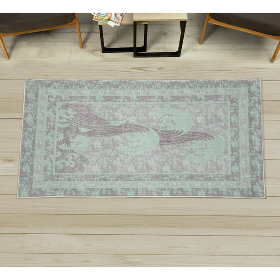 Asian Decorative Rug, Pastel Ethnic Japanese Waves Pattern Curving Foams Ocean Themed Look, Quality Carpet for Bedroom Dorm and Living Room, 6 Sizes, Pale Seafoam, by Ambesonne