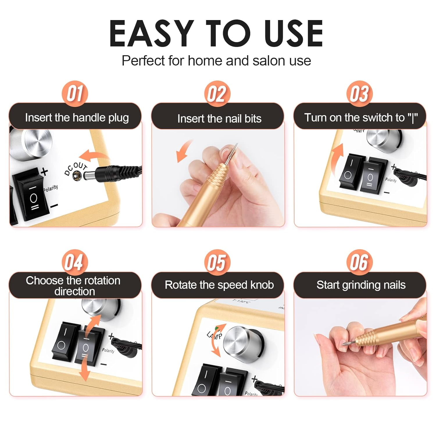 Professional Finger Toe Nail Care Electric Nail Drill Machine Manicure Pedicure,Gold