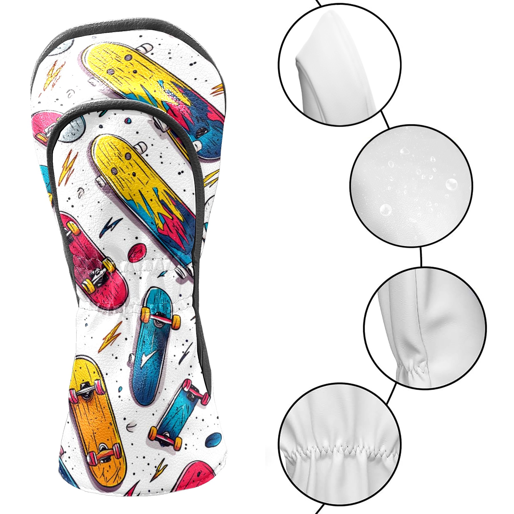 Golf Head Covers Skateboard Pattern for Driver, Wood & Hybrid, Premium Waterproof PU Leather with Plush Lining, Cool Sports Golf Gifts