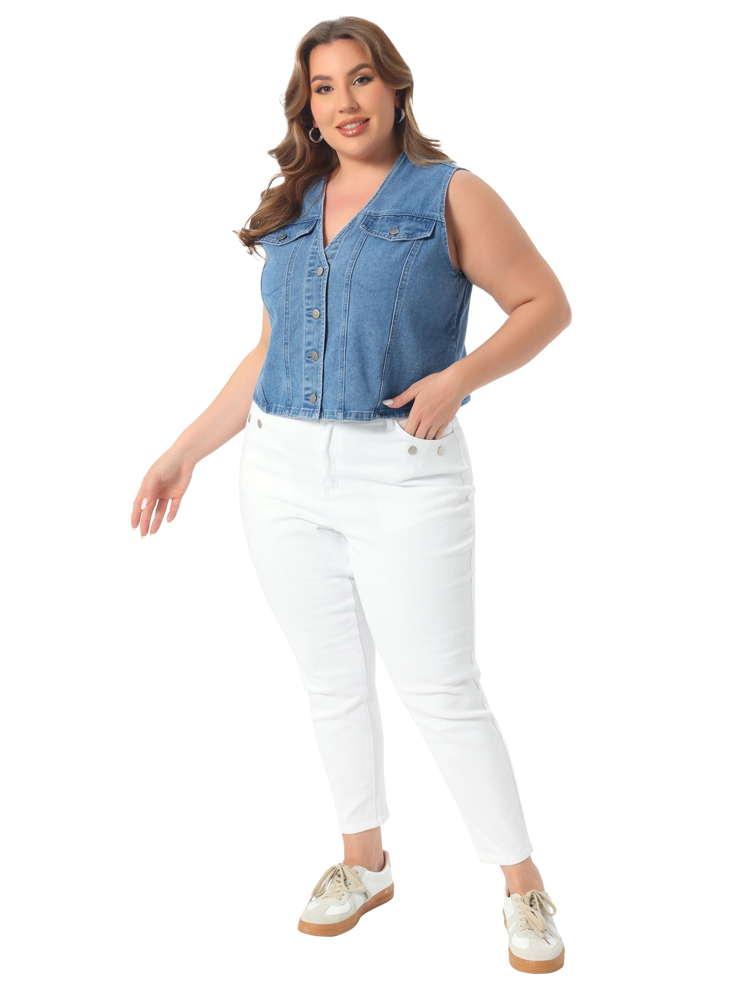 DARING DIVA Women's Plus Size V Neck Button Down Casual Denim Vest 4X Light Blue