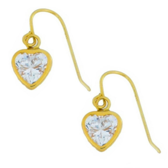 14Kt Yellow Gold White Sapphire Heart Bezel Dangle Earrings