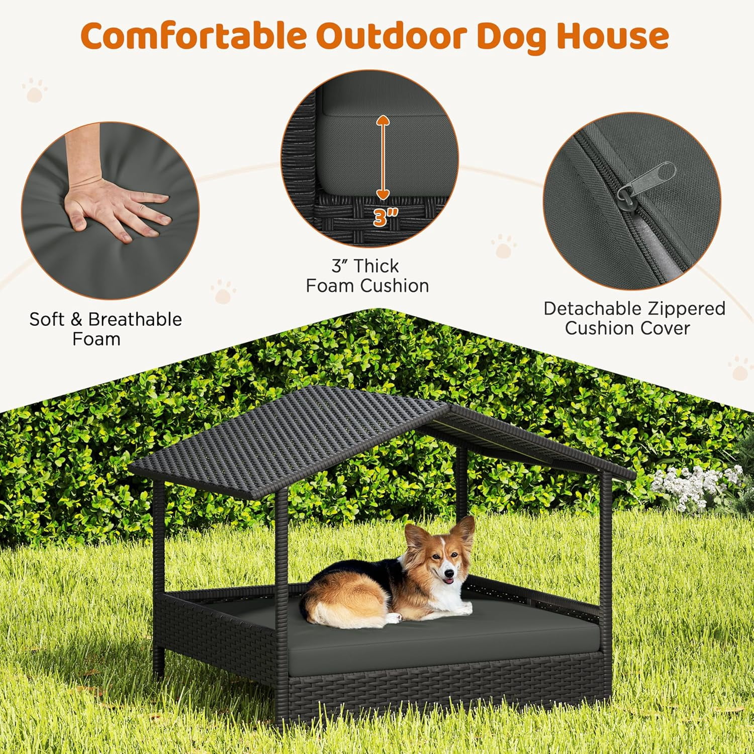 Wicker Dog House Outdoor Indoor with Canopy, Elevated Dog Shelter Dog Bed with Cushion for Small/Medium Dogs, Shade for Deck, Patio, Yard, Pool, Black House, Gray Cushion