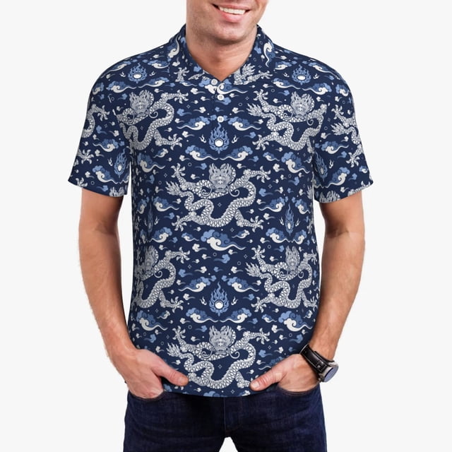Balery Dragon Camisa Polo de Hombre con Estampado, de Manga Corta y Tejido Medio, Camisa Tipo Golf Polo-Medium