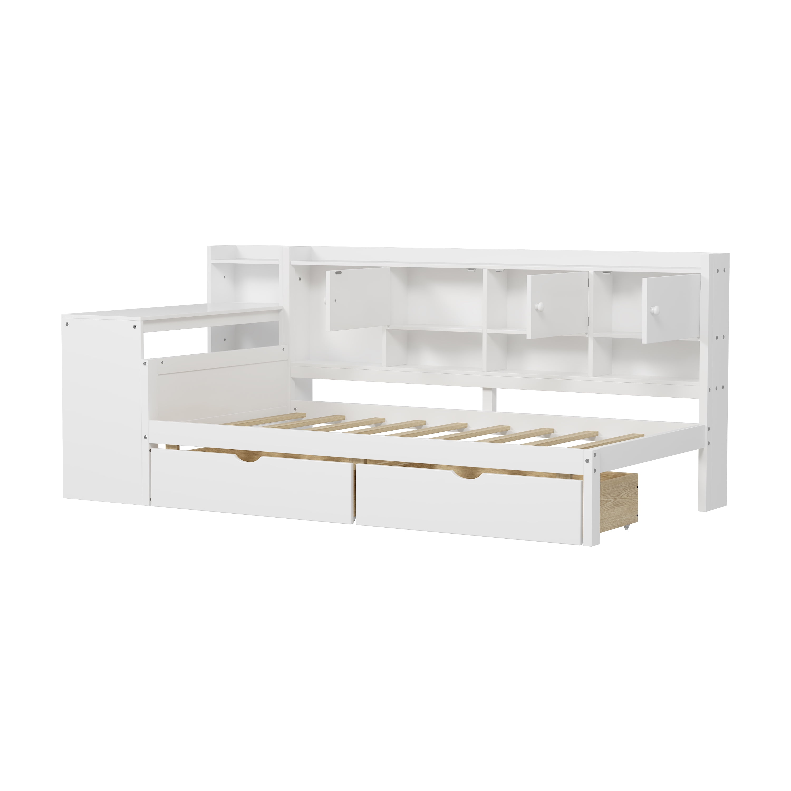 Euroco Wood Twin Size Storage Daybed with Cabinets and Drawers, Functional Bed with Desk and Shelves, White