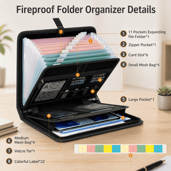 Fire-Resistant Accordion File Organizer – 13-Pocket Expanding Document Folder with Water-Resistant Zipper, Portable Storage for Papers and Valuables, Black