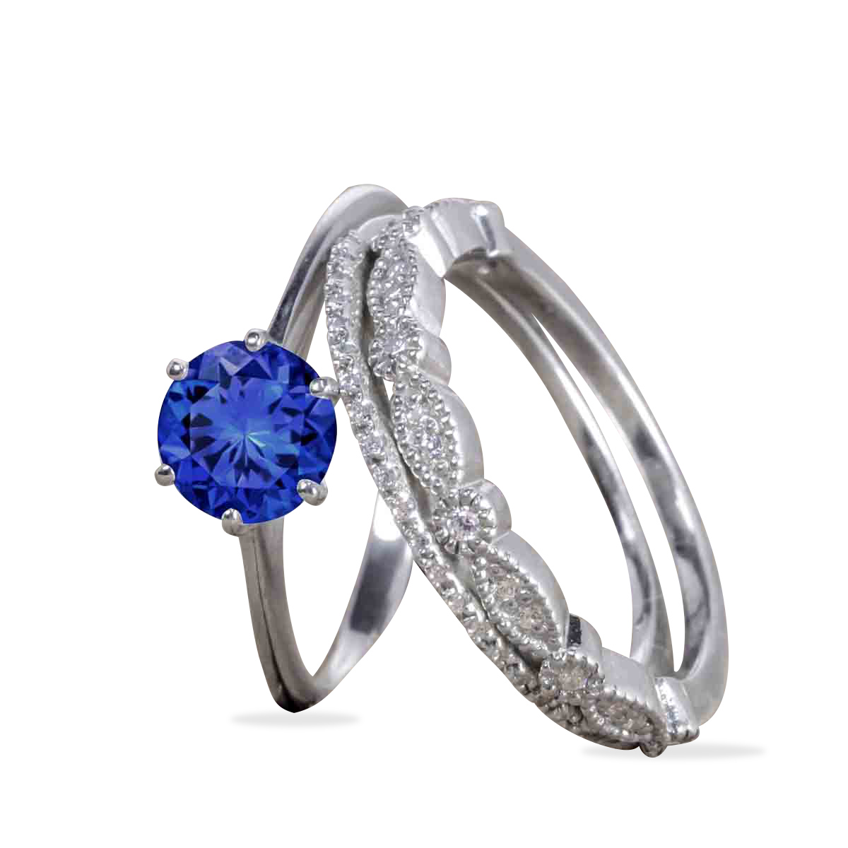 Jeenmata 1 50 Ct Natural Round Blue Sapphire Wedding Ring Set With For Women In 18k White Gold Over Silver Walmart Com Walmart Com