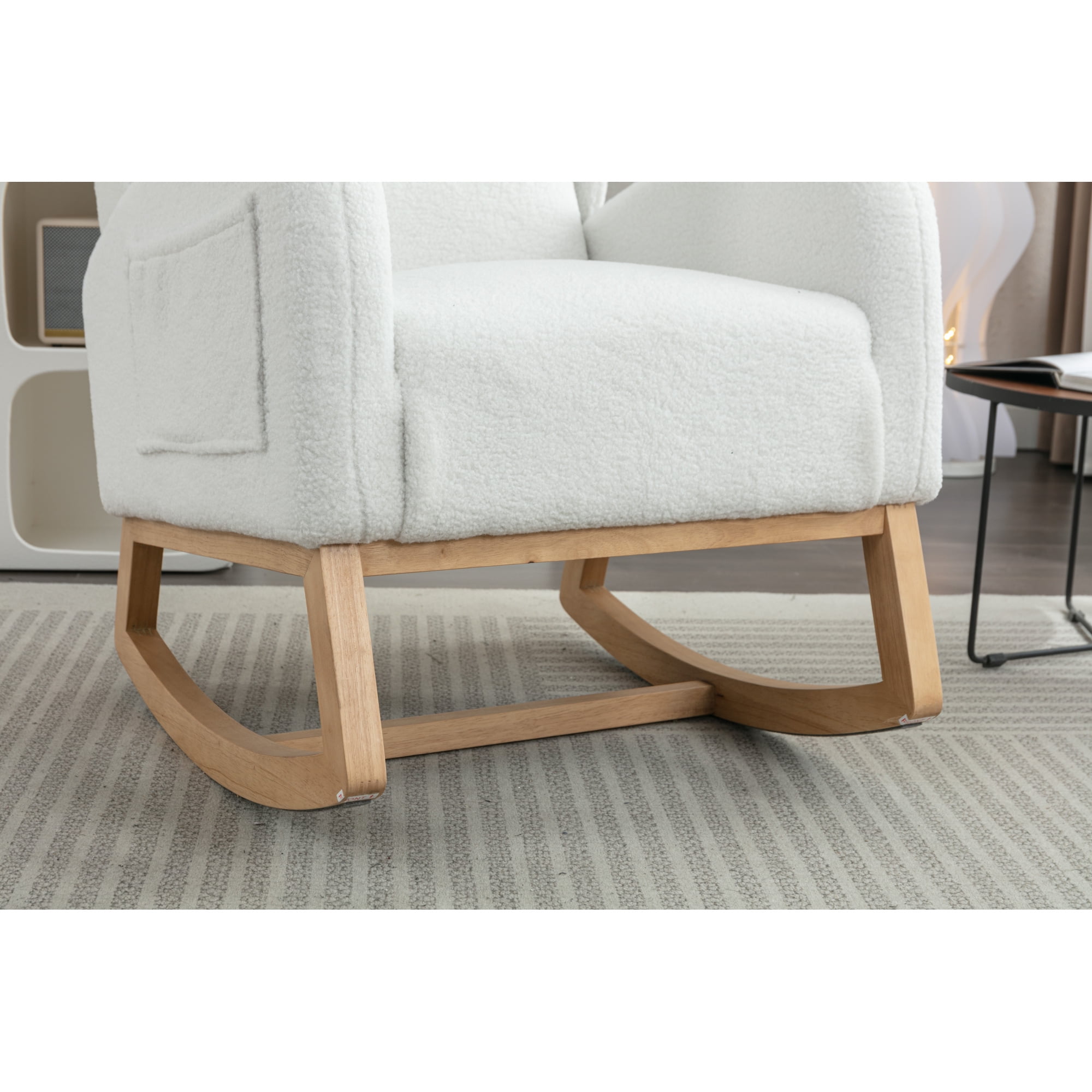 Rocking Chair Nursery,Teddy Fabric Uplostered Rocking Glider Chair with Side Pocket,Modern High Backrest Single Sofa for Living Room, Hotel, Bedroom, Baby Room,Ivory