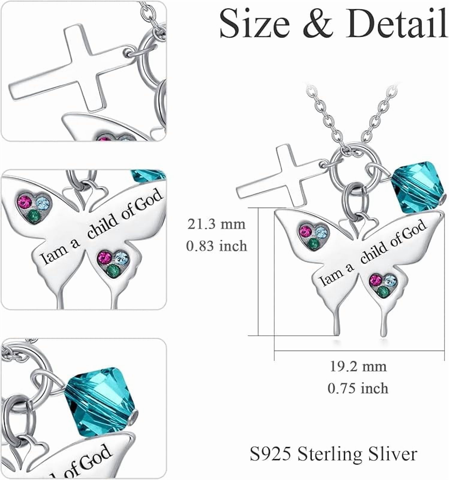 SISGEM 925 Sterling Silver Cross Butterfly Necklace Baptism Communion Birthday Conformation Gifts for Daughter Granddaughter Niece with 12 Birthstones