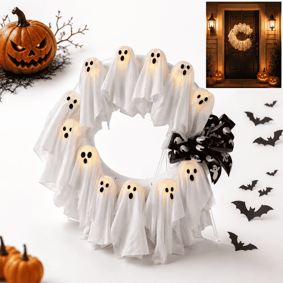Halloween Ghost Wreath for Front Door，12 Glowing White Ghost Ribbon Wreath for Indoor & Outdoor Party Wall Window Porch Decoration，17.7 inches