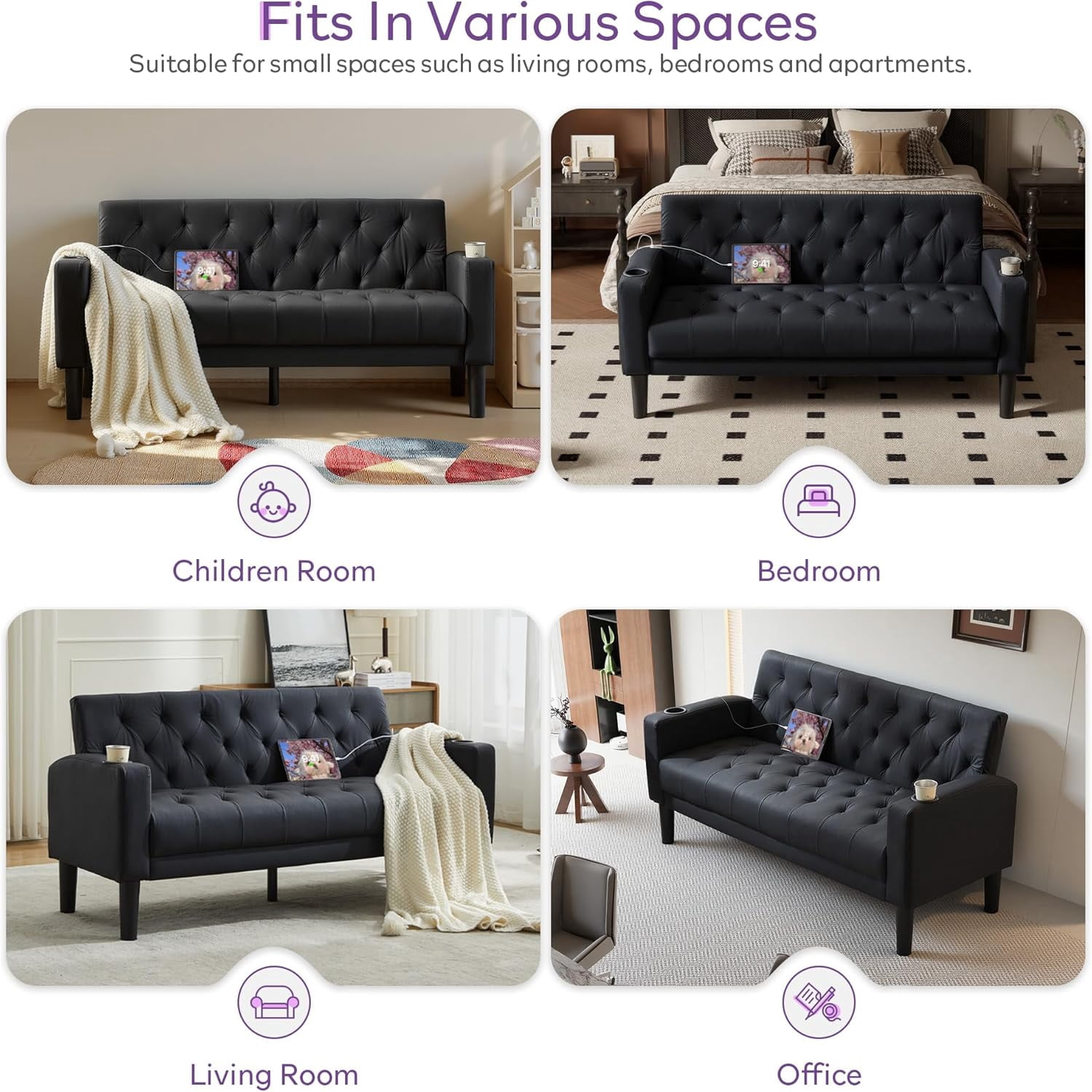 LAZZO 62" Loveseat Sofa, Tufted Couch with USB Ports and Cupholders for Living Room, Office and Bedroom, Black
