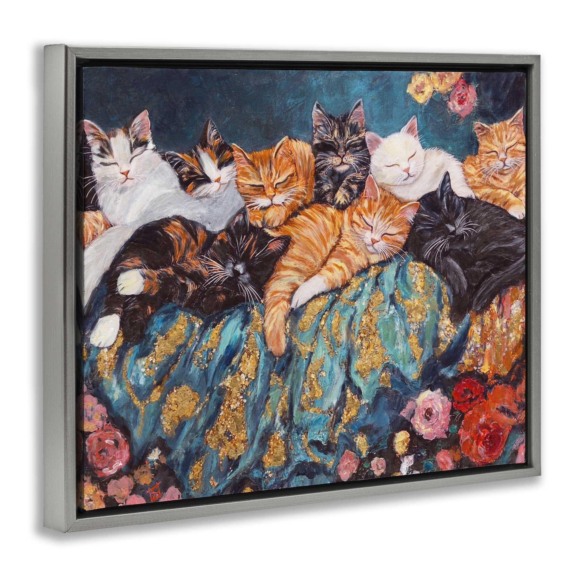 Sleepy Kitty Crowd with Flowers Gray Framed Floater Canvas Wall Art, design by Sara Culpepper