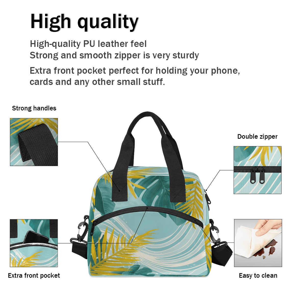 Herdesigns Plam Tree Leaf Insulated Lunch Bag for Women Men Adults Large Reusable Lunch Box Beach Leakproof Cooler Tote Bags with Adjustable Shoulder Strap