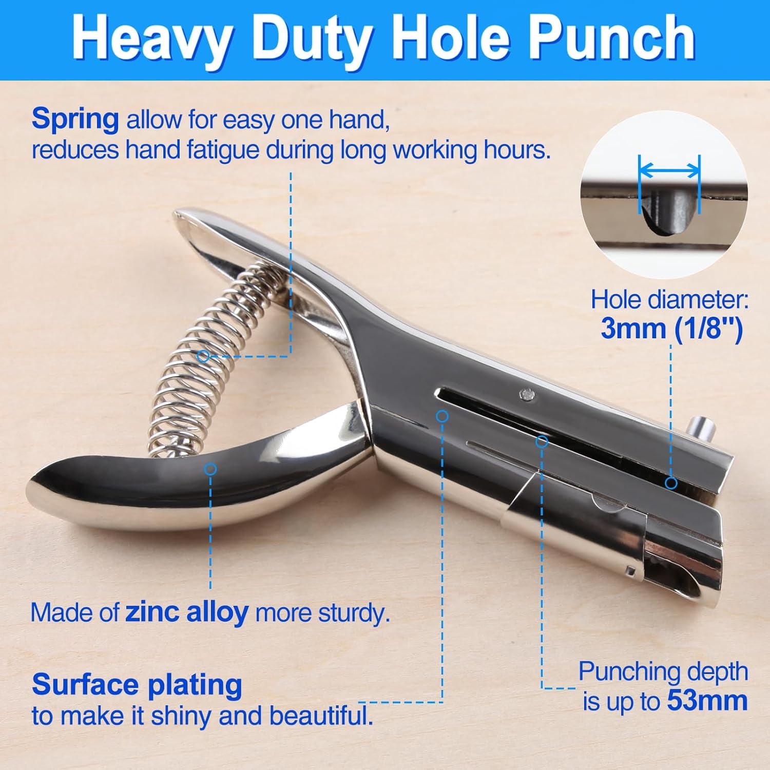 Deep Throat Heavy Duty Hand Held Single Hole Punch 1/8 inch (3 mm) for Paper ID PVC Cards Plastic Cardboard Photos