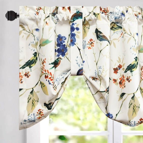 VOGOL Blue Printed Bird Short Curtain, Tie Up Valances for Cafe Bathroom, 52x18 inches, One Piece, Rod Pocket