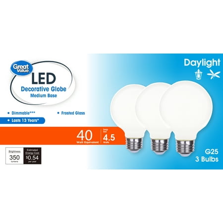 Great Value LED Bulb, 4.5-Watt (40W Equivalent) G25 Deco Bulbs E26 Base, Daylight, 3-Pack, CA