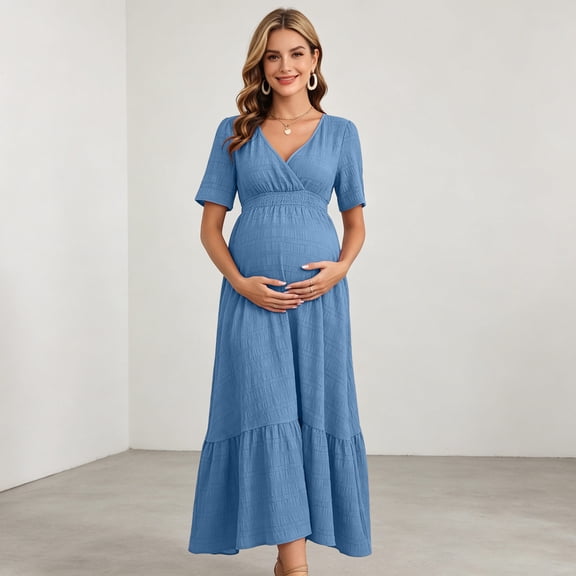 qolati Maternity Maxi Dresses for Women Elegant V Neck Wrap Baby Shower Pregnancy Dresses for Photoshoot Boho Ruffle Flowy Summer Dresses Blue L