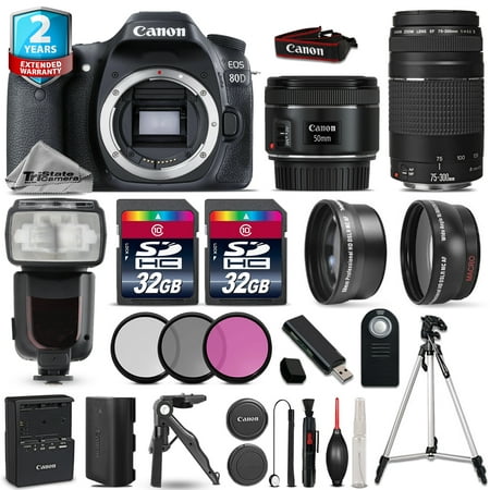 Canon EOS 80D DSLR Camera + 50mm 1.8 + 75-300mm + 64GB + Flash + 2yr