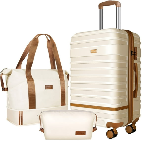 Expandable Suitcase Set Luggage Sets, 20 inch Carry On Luggage with TSA Lock and Double Spinner Wheels,(Ivory White,3 PCS set )