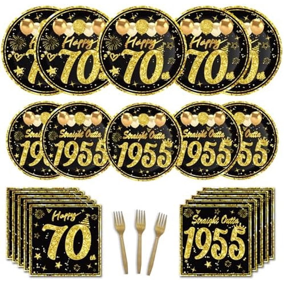 72Pcs Happy 70th Birthday Decorations Kit for Men Women, Black Gold Vintage 1955 70th Party Disposable Tableware Set Paper Plates Napkins Forks Party Supplies, 70 Bady Table Party Decor