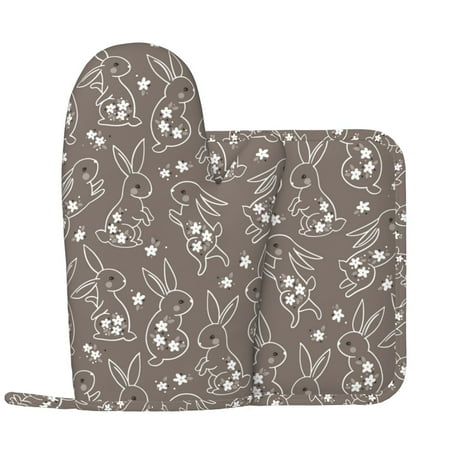 

Oven Mitts and Pot Holders Sets - Flower Print Cute Rabbit Heat Resistant Silicone Oven Gloves (Left Glove) with Non-Slip Silicone Surface and hot pads for kitchen Baking Cooking