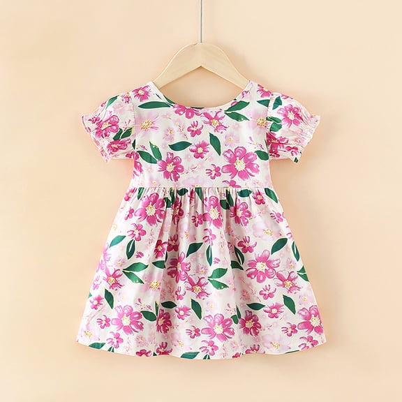 OOOUM Toddler Baby Cotton Dresses Short Sleeve Floral Print T Shirt Dress Breathable Lightweight Summer Outfits Purple 2-3 Years