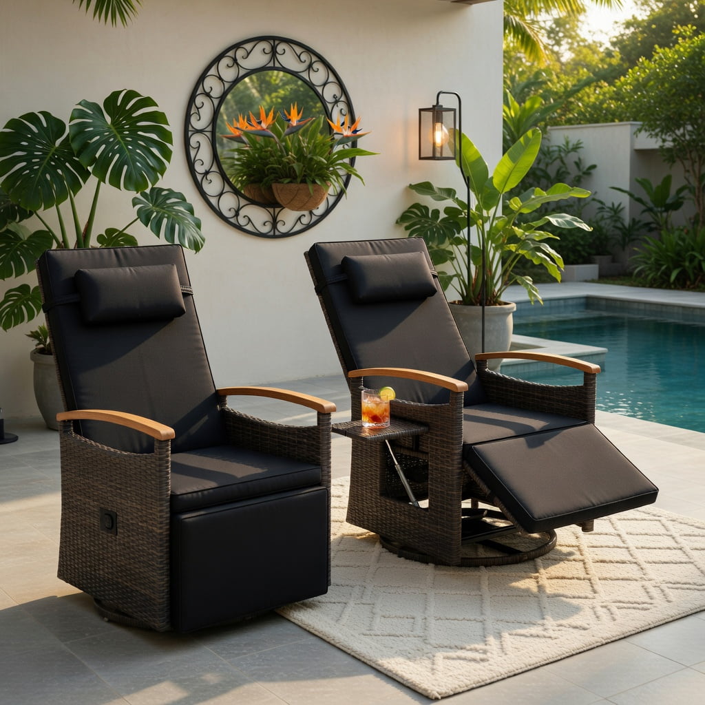 Hommoo 360° Swivel Outdoor Recliner Chair with Adjustable Backrest & Footrest, PE Rattan Patio Seating for Backyard, Porch, Poolside, Black