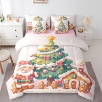 Manfei Cute Santa Claus 7-Piece Twin Bedding Sets,Kawaii Christmas Tree Bedding Comforter Set,Cartoon Gingerbread House Sheet Sets For Girls,Ultra Soft Home Decor Reversible