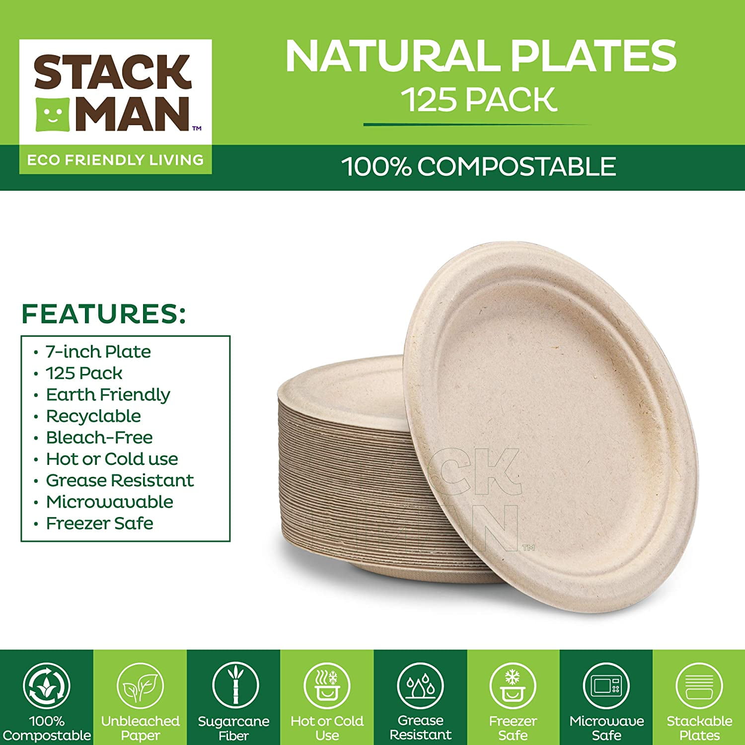50-Pack / 7-Inch BEELEEVE Sustainable & Food-Grade Strong Heavy Duty Rigid Design 100% Compostable Disposable Round Bagasse Paper Plates Natural Brown Colour Biodegradable Sugarcane Fibre 