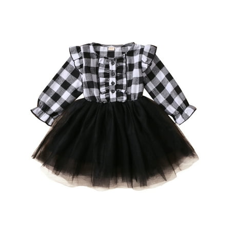 

Canrulo Toddler Infant Baby Girl Christmas Plaid Mesh Yarn Stitching Button Long Sleeve Dress Black 3T