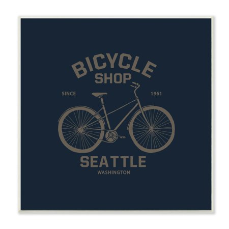 The Stupell Home Decor Collection Navy Blue and Gold Vintage Lettering Seattle Bicycle Shop Sign Wall Plaque Art, 12 x 0.5 x (Best Bike Shop Seattle)