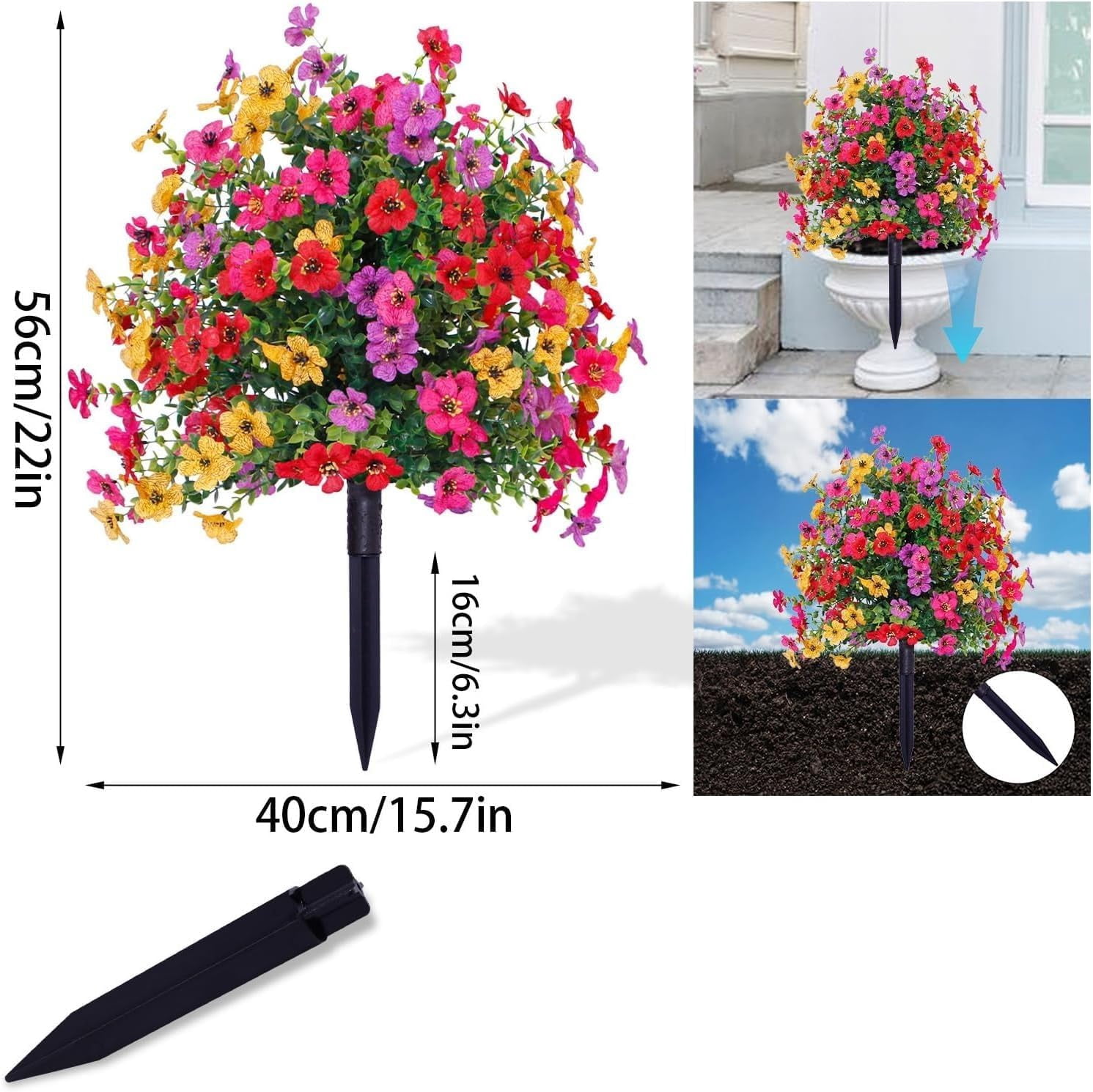 Artificial Flowers with Ground Spikes,2pcs Garden Stake Faux Greenery Shrubs Garden Accessories 22" for Farmhouse Outdoor Outside Porch Patio Wedding Party Decoration (F)