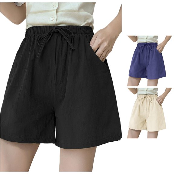 Trendfront Womens Solid Color Casual Shorts High Waisted Drawstring Elastic Waist Side Pockets Relaxed Fit Summer Bottoms