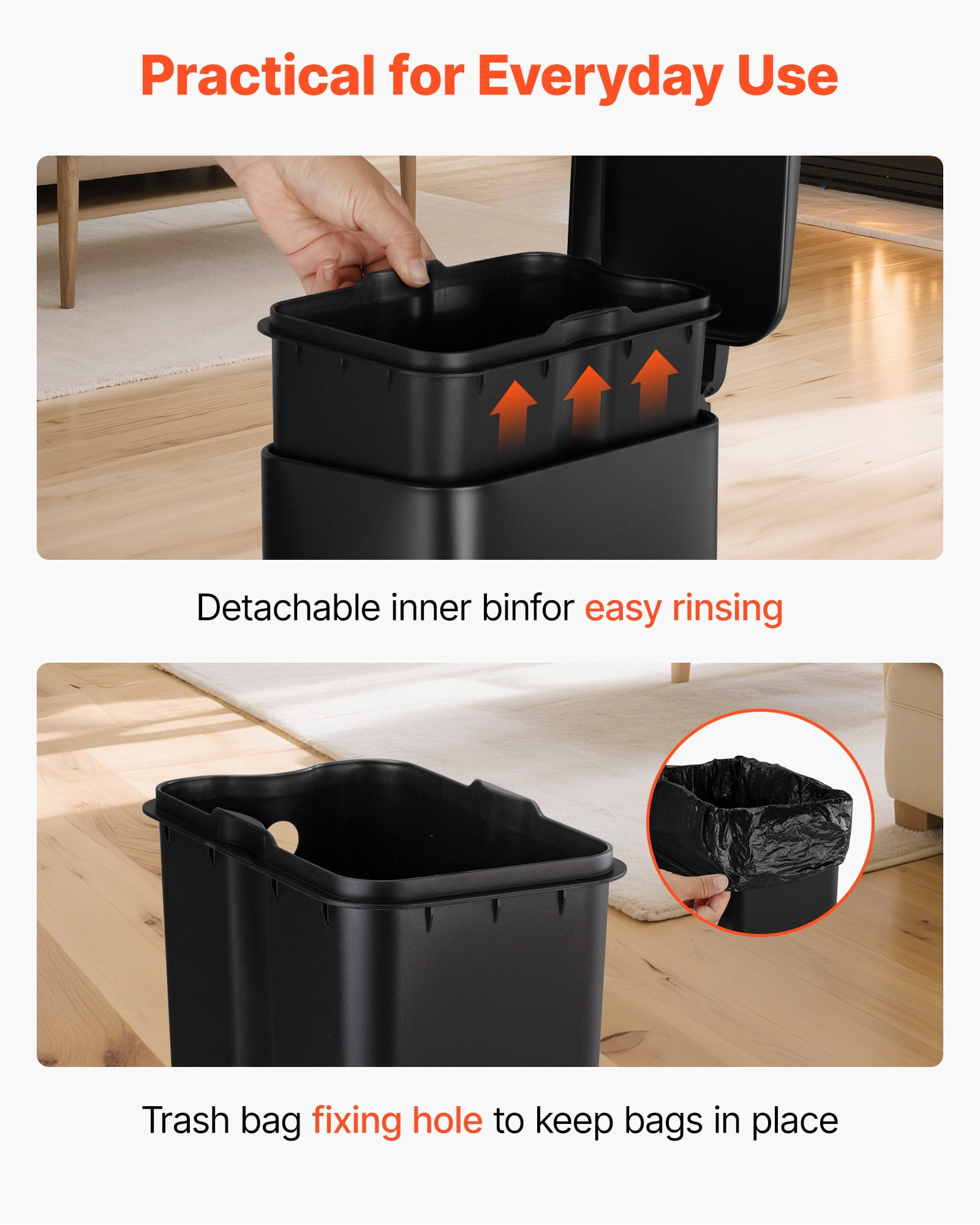 VEVOR Slim Bathroom Trash Can, 11.4 x 5.71 x 10.7 Inch Small Bedroom Trashcan with Step Pedal & Soft Close Lid, 6L Steel Garbage Can with Detachable Inner Bin, for Kitchen, Home, Dorm,Office,Black