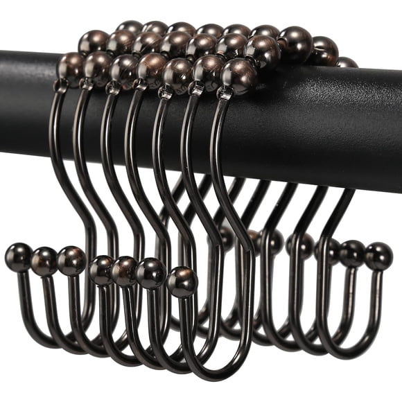 Shower Curtain Hooks, OEH Shower Curtain Rings, Bronze Shower Curtain Hooks Rust Proof, Smooth Gliding Metal Shower Curtain Rings Rust Proof, Double Shower Hooks for Shower Curtain, 12 Pcs, Bronze