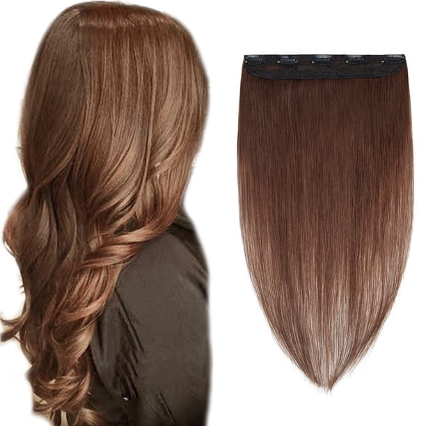 Benehair Extensiones de cabello con clip de una pieza, cabello humano, extensiones de cabello marrón medio, cabello humano con clip, 16 pulgadas, 3/4, cabeza completa, cabello humano Remy liso, 5 clip