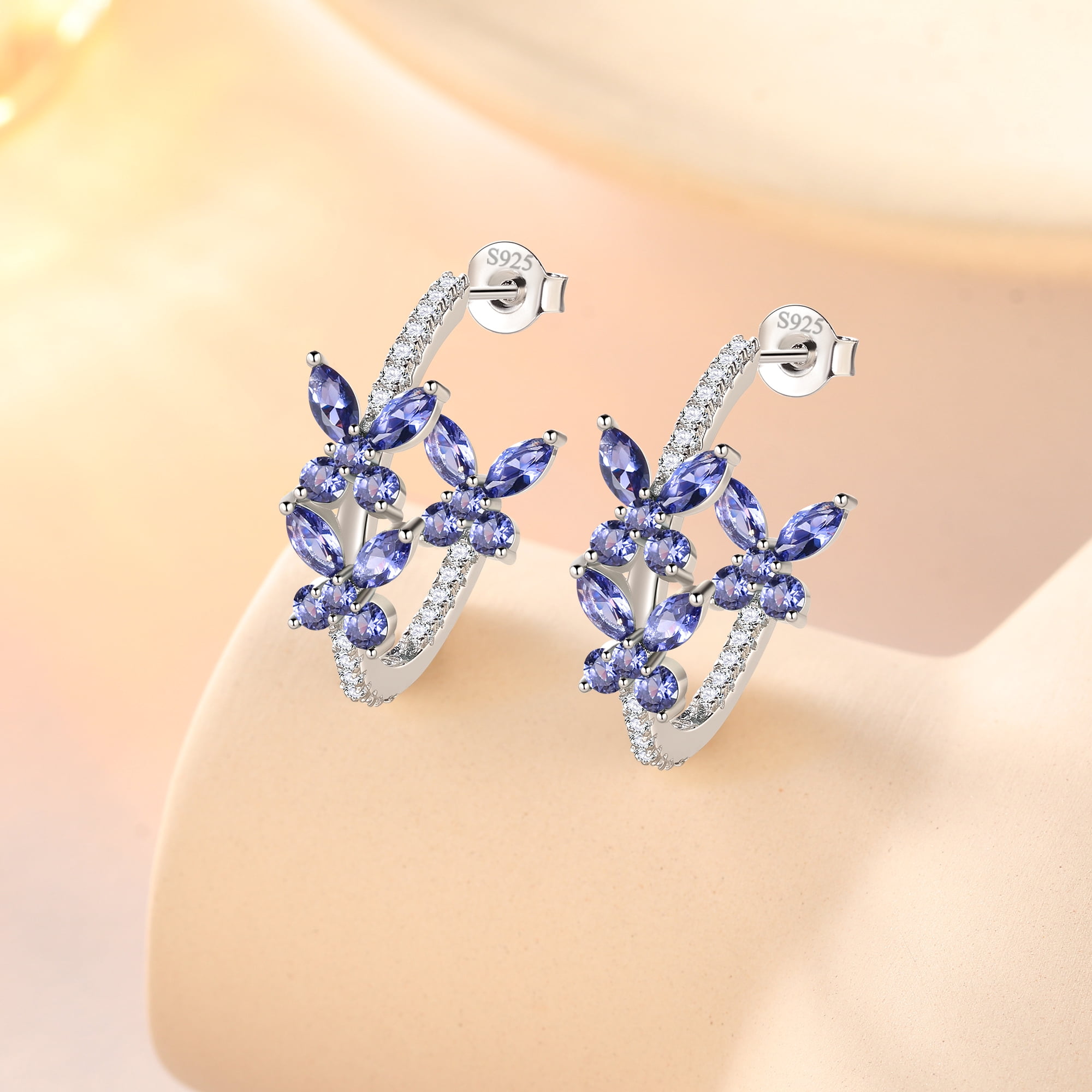 Beautlace 18K White Gold over Stering Silver Butterfly Hoop Earrings,December Tanzanite Birthstone Studs Earrings Jewelry Birthday Christmas Valentines Gifts for Women