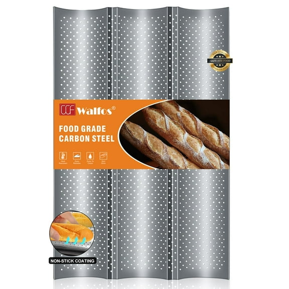 Walfos Baguette Pan for Baking, Perforated French Bread Baking Pan, Heat Resistant Non-Stick 3 Loaves Baguette Tray Baking Mold, 15" x 9.6"