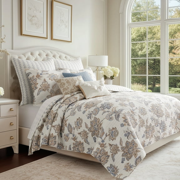 Levtex Home - Selesta Blue Quilt Set - Full/Queen Quilt and Two Standard Shams - Floral - Blue Taupe Grey - Quilt (88x92in.) and Shams (20x26in.) - Reversible - Cotton