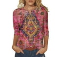thumbnail image 2 of JTZGDY Plus Size Womens 3/4 Sleeve Tops Vintage Floral Printed Button V Neck Henley Shirts Loose Oversized Dressy Casual Tunic Blouse for Leggings Hot Pink XXXL, 2 of 7