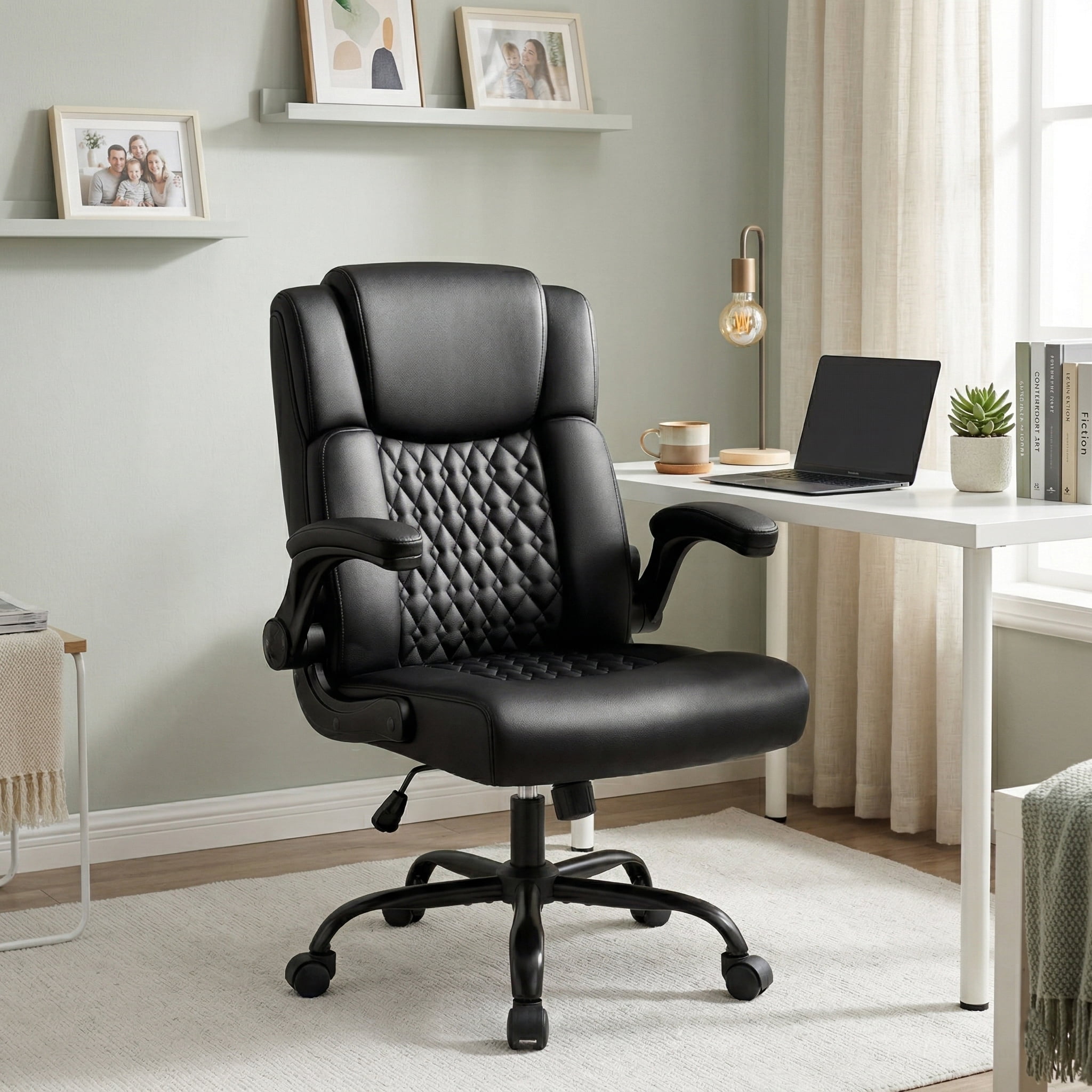 Waleaf Leather Office Chair,Wide Seat Small Computer Desk Chair Ergonomic Mid-Back Executive Chair with Back Support for Short People,Black