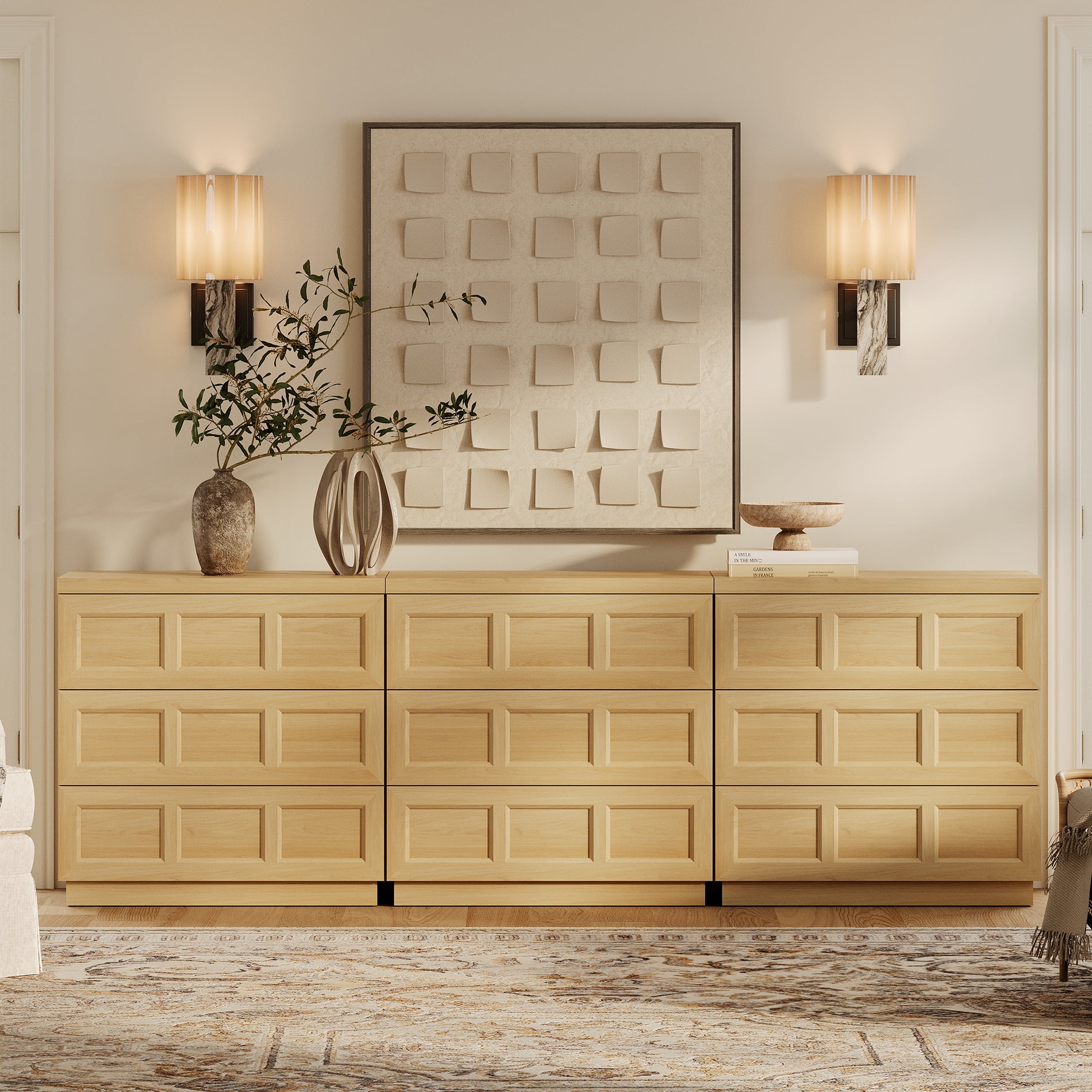 HOMOOI Modern Wood Dresser,Boho 94.5" Anti-Wobble Silent Storage Dresser with 9 Pop-Up Handle-Free Chest of Drawers，for Bedroom, Living Room,Oak