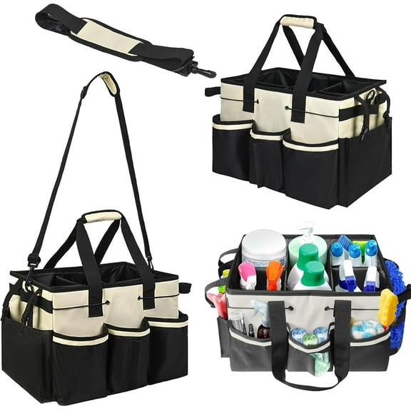 Cleaning Caddy Bag with Handle and Should Strap, Cleaning Products Organiser Adjustable Gardening Tool Storage Bag, Caddy Organiser Multi Pocket Bucket Tool Bag for Home, Car, Garden, Craft, White